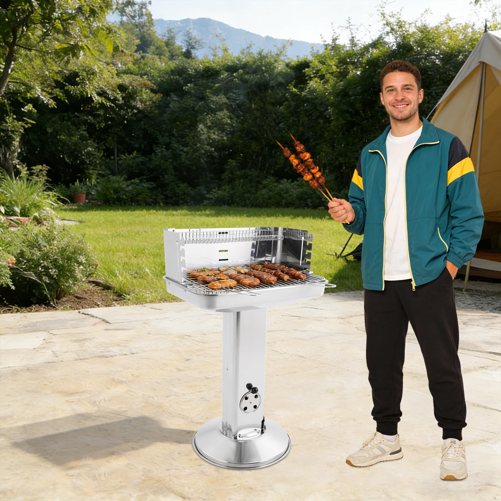 Grill na węgiel drzewny, stal nierdzewna, grill kolumnowy o wysokości 90 cm, grill stojący z koszem do przechowywania, grill na węgiel drzewny do grillowania na kempingu, na targu i