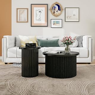 Black Round Nesting Coffee Table Set of 2,Mid Century Modern Fluted Coffee and End Table Set,Wood Circle Center Table for Living Room, Reception Room, Entertainment Room