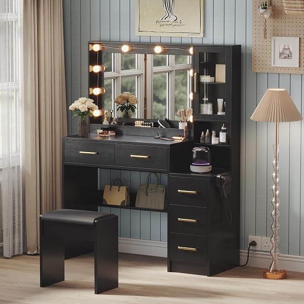 TOKSOM Vanity Desk with Mirror and Lights & Charging Station, Bedroom Dressing Table, Large Vanity Set with Drawers, Mak