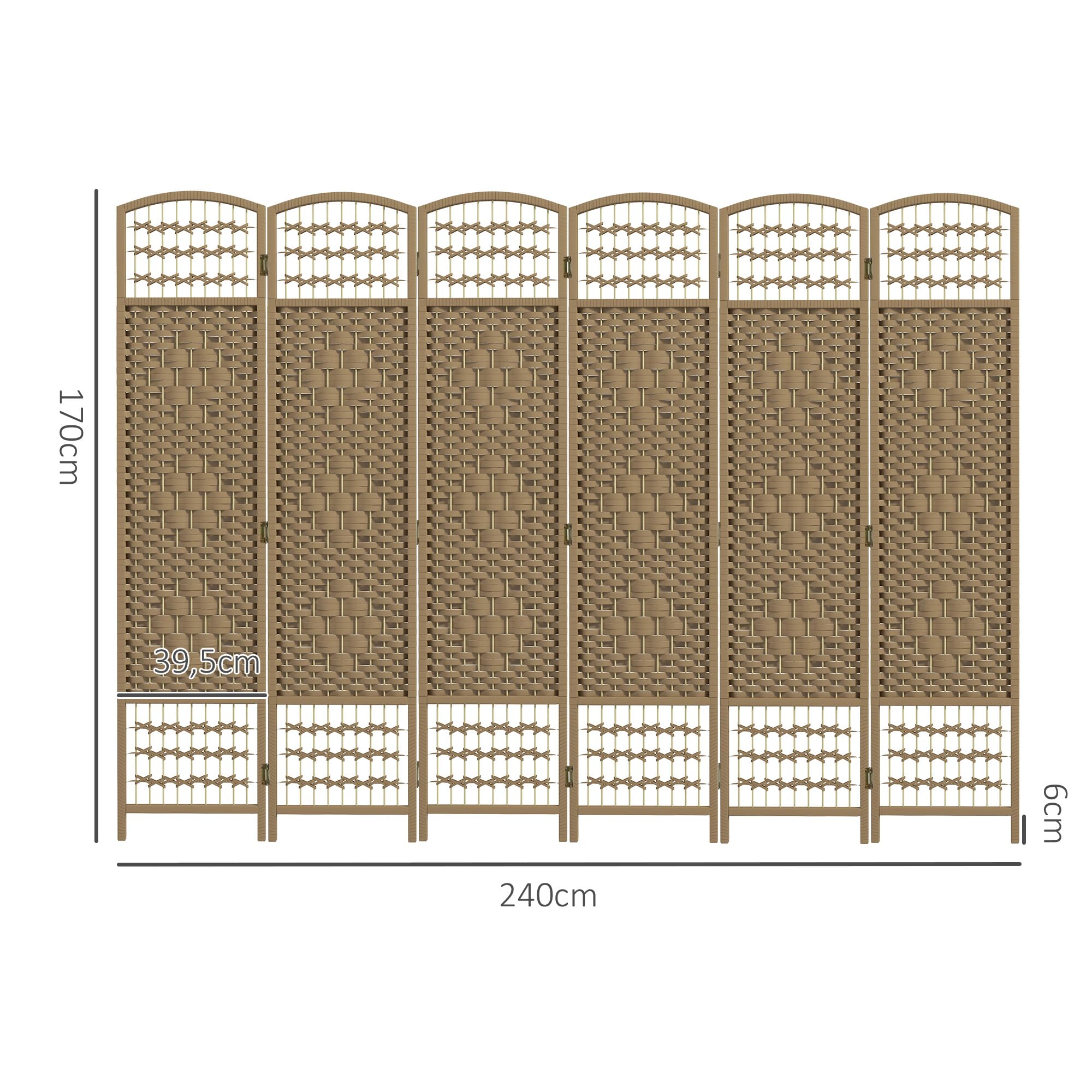HOMCOM Biombo Plegable de 6 Paneles, 240x170 cm, Biombo Separador de Ambientes de Cuerda de Papel, Marco de Madera, Decoración para Dormitorio, Salón, Natural