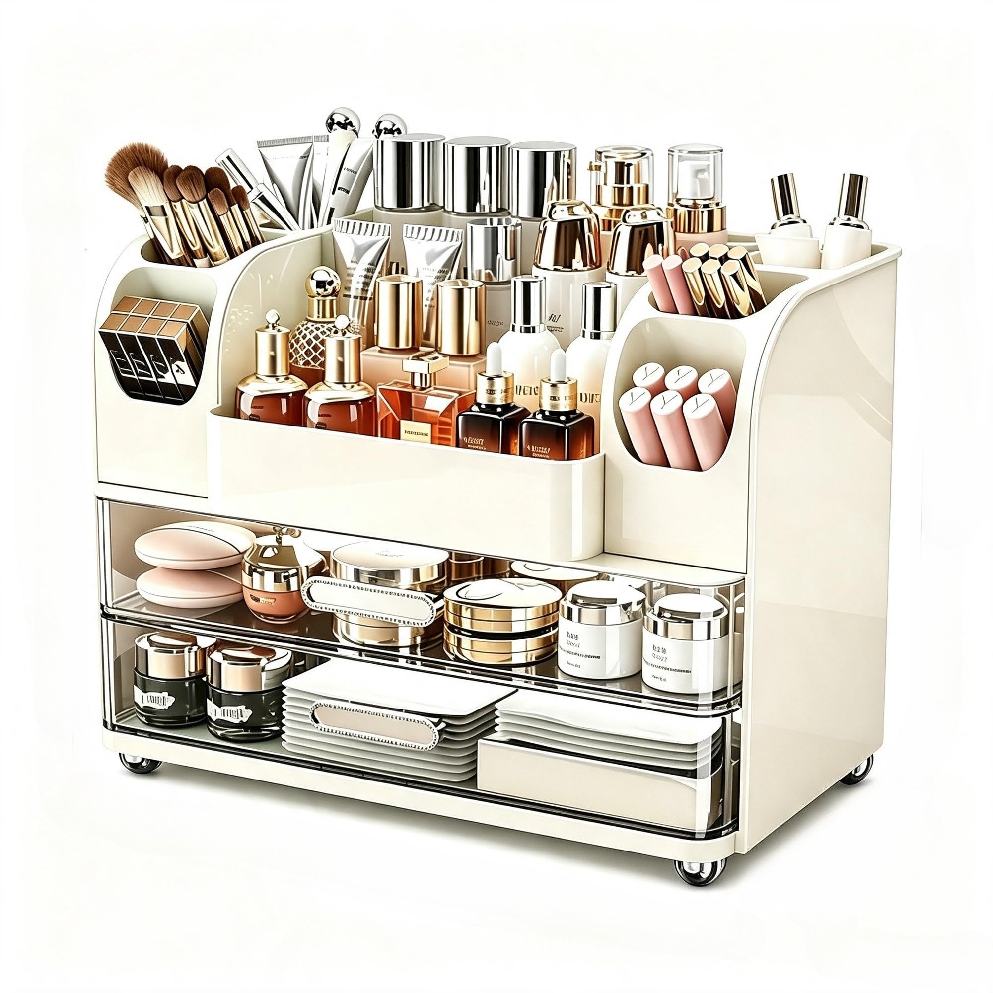 Makeup Organizer with Drawers for Vanity,Bathroom Countertop Organizer with Brushes Holder,Skincare Storage Organizer for Lipsticks,Nail Polishes, Perfumes,Eyeshadow Palettes (Cream)