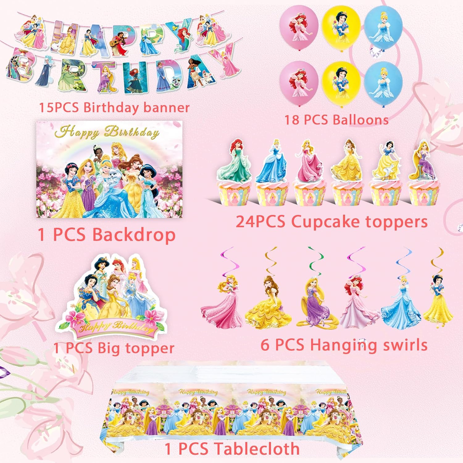 Princess Birthday Party Supplies, Party Decorations Set Include Banner, Backdrop, Balloons, Hanging Swirls, Cake Cupcake Toppers, Tablecloth for Girls Princess Theme Party