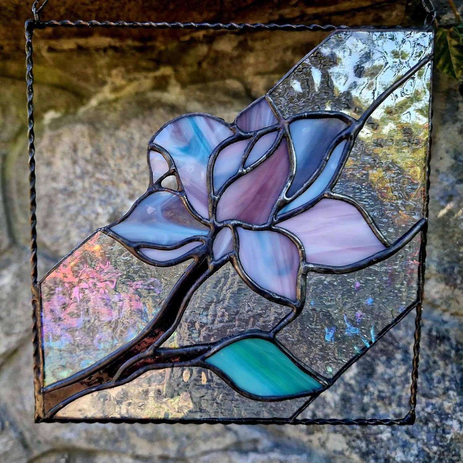 Stained Glass Рurple Magnolia Blossom Sun Catcher - Window Panel Botanical Wall Art Home Hanging Decoration