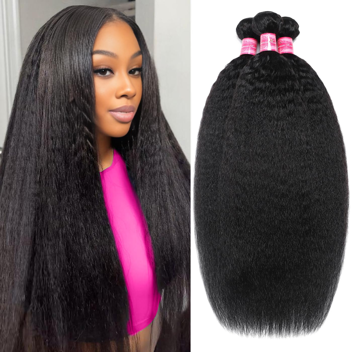 Releek 12A Brazilian Kinky Straight Bundles Human Hair 18 20 22 Inch 100% Unprocessed Yaki Straight Human Hair Quick Weave Kinkycurly 3 Bundles Thick