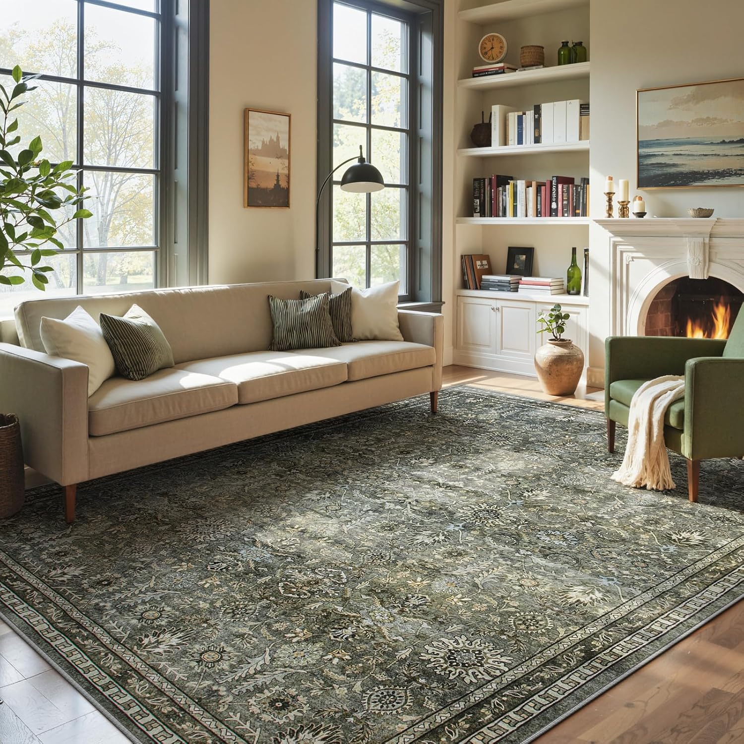 Lahome Green 10x14 Area Rugs for Living Room, Washable Vintage Large Floor Rugs for Bedroom, Rubber Backed Non-Slip Carpet for Dining Room Office - Image 8