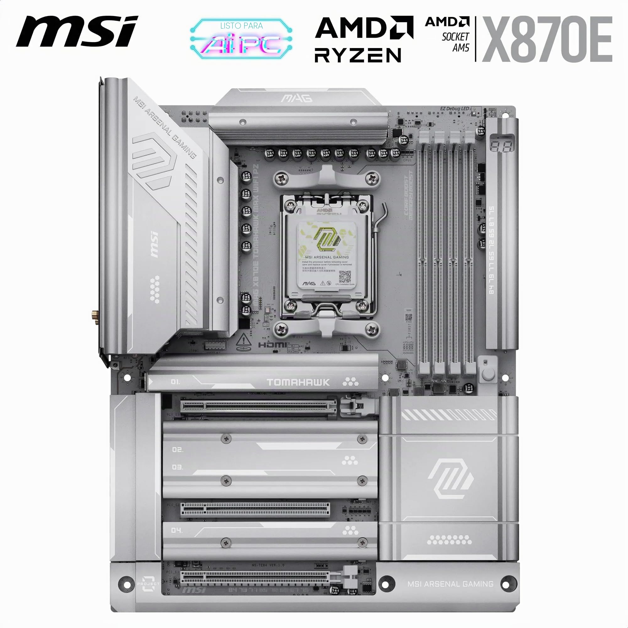 MSI MAG X870E Tomahawk MAX WiFi PZ Placa base, ATX – Soporta procesadores AMD Ryzen 9000/8000/7000, AM5 - DDR5 Memory Boost 8400+ MT/s (OC), PCIe 5.0 x16, M.2 Gen5, Wi-Fi 7, 5G LAN