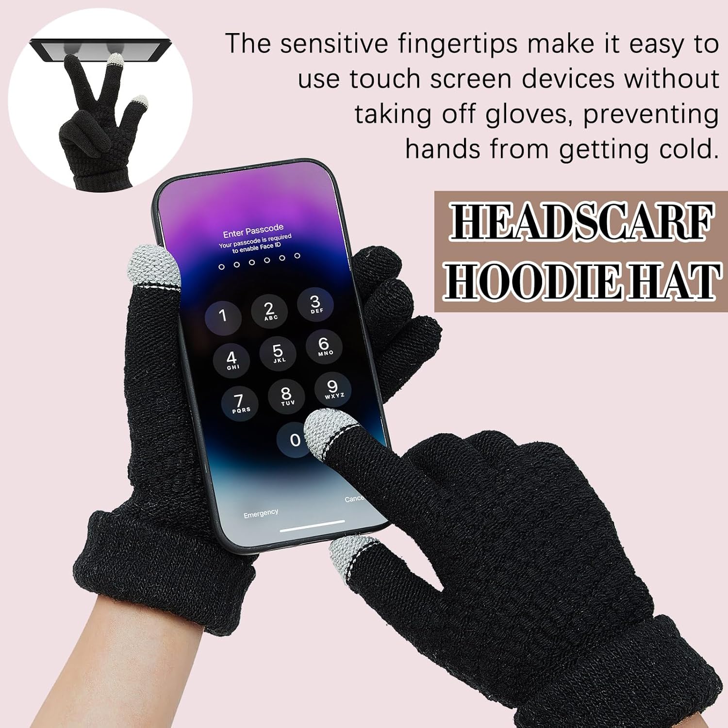 Chuarry 2 Pcs Winter Knitted Hooded Scarf and Gloves Set for Women, 3 in 1 Hat Scarf Wrap Shawl and Warm Touch Screen Texting Gloves for Men Women Winter Balaclava, Black - Image 5