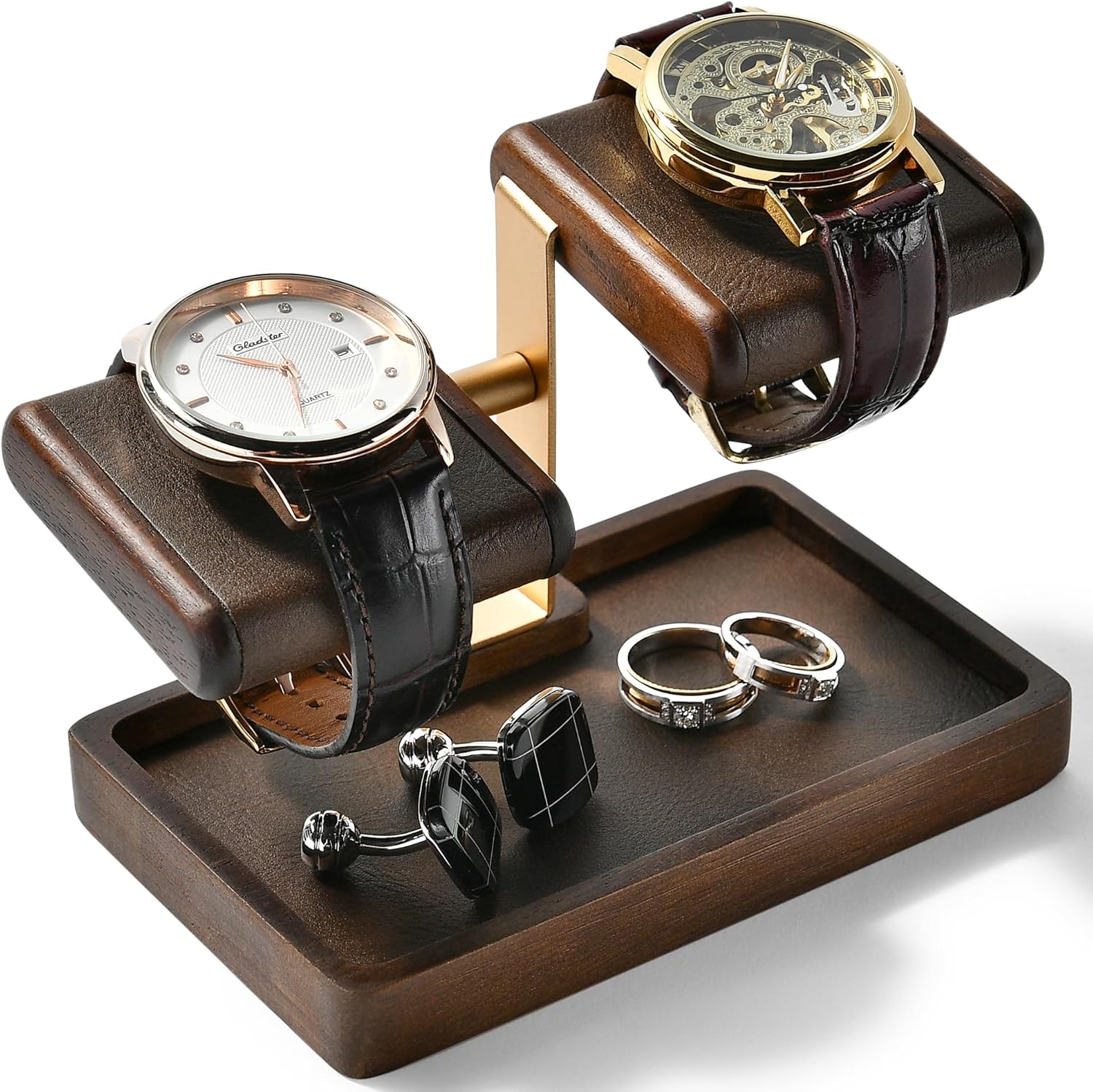 Wood Watch Organizer Tray with Dual Padded Display Stand – Elegant Valet Tray for Men – Premium Desk, Dresser & Nightstand Organizer for Watches, Rings & Accessories – Gift-Ready Design