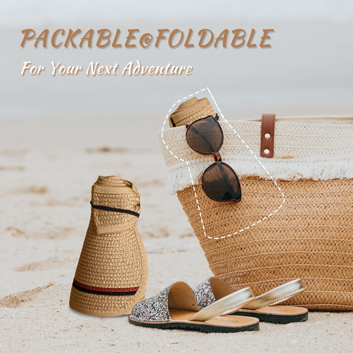 Women's Sun Visor Hats Wide Brim Straw Beach Hat Ponytail Hats for Women Foldable Floppy image 5