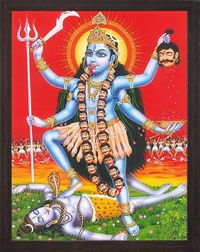 HandicraftStore Hindu Goddess Maa Kali Killing Supreme Lord Shiva, A Hindu Religious Poster Painting with frame for Worship/Religious/Spiritual purpose
