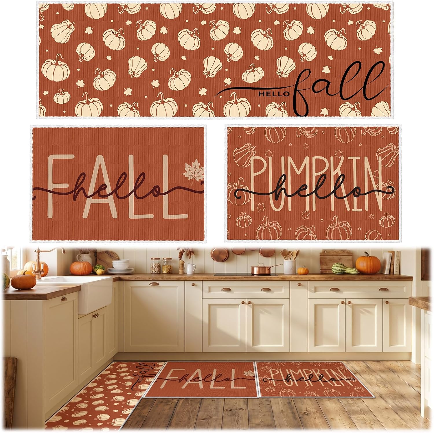 Tinideya 3 Pcs Fall Kitchen Rug Pumkin Mats Set Autumn Rugs Indoor Washable Kitchen Carpet for Fall Thanksgiving Harvest Home Floor Decor, 16 x 24 Inch and 16 x 47 Inch(Pumpkin)