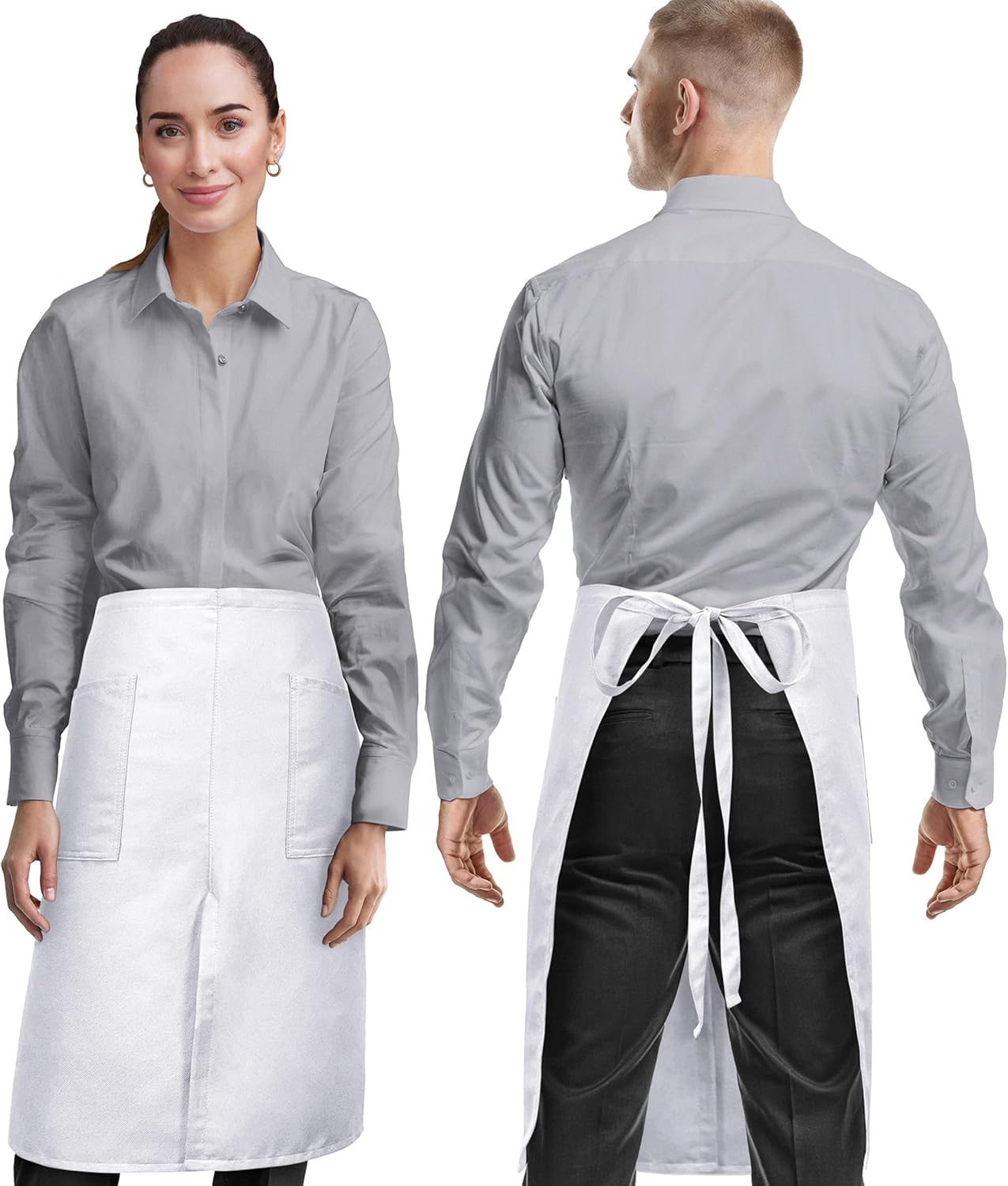 Under NY Sky V Neck Long Apron - Unisex Bib, Tuxedo Style - Lightweight, Front Slit, Hip Pockets - Adjustable For Server, Waiter, Chef, Bistro, Restaurant, Gift - Black V Neck Long Apron