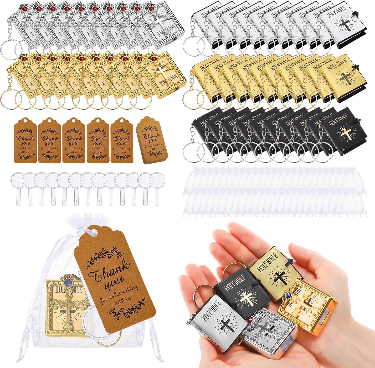 Bible Gift Set - 200 Pcs, Includes Mini Bible Verse Keychains, Thank You Tags, Organza Bags, Magnifying Glass for Church Souvenirs