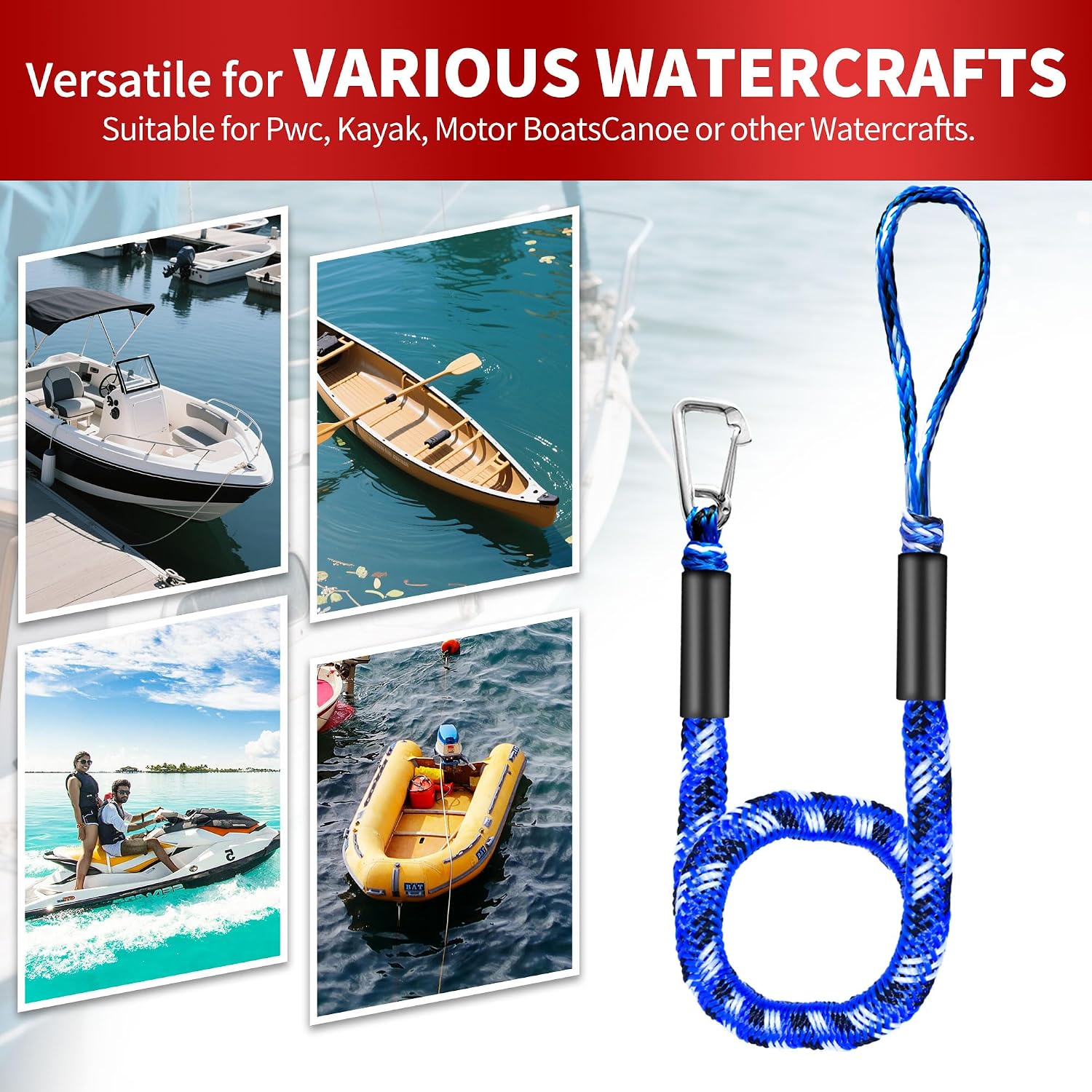 Bungee Dock Line with Stainless Steel Clip – Boat Dock Rope with Foam Float for Kayak, Canoe, Pontoon, Watercraft, SeaDoo, Docking – 4–5.5 ft, 2 Pack (Blue&White)