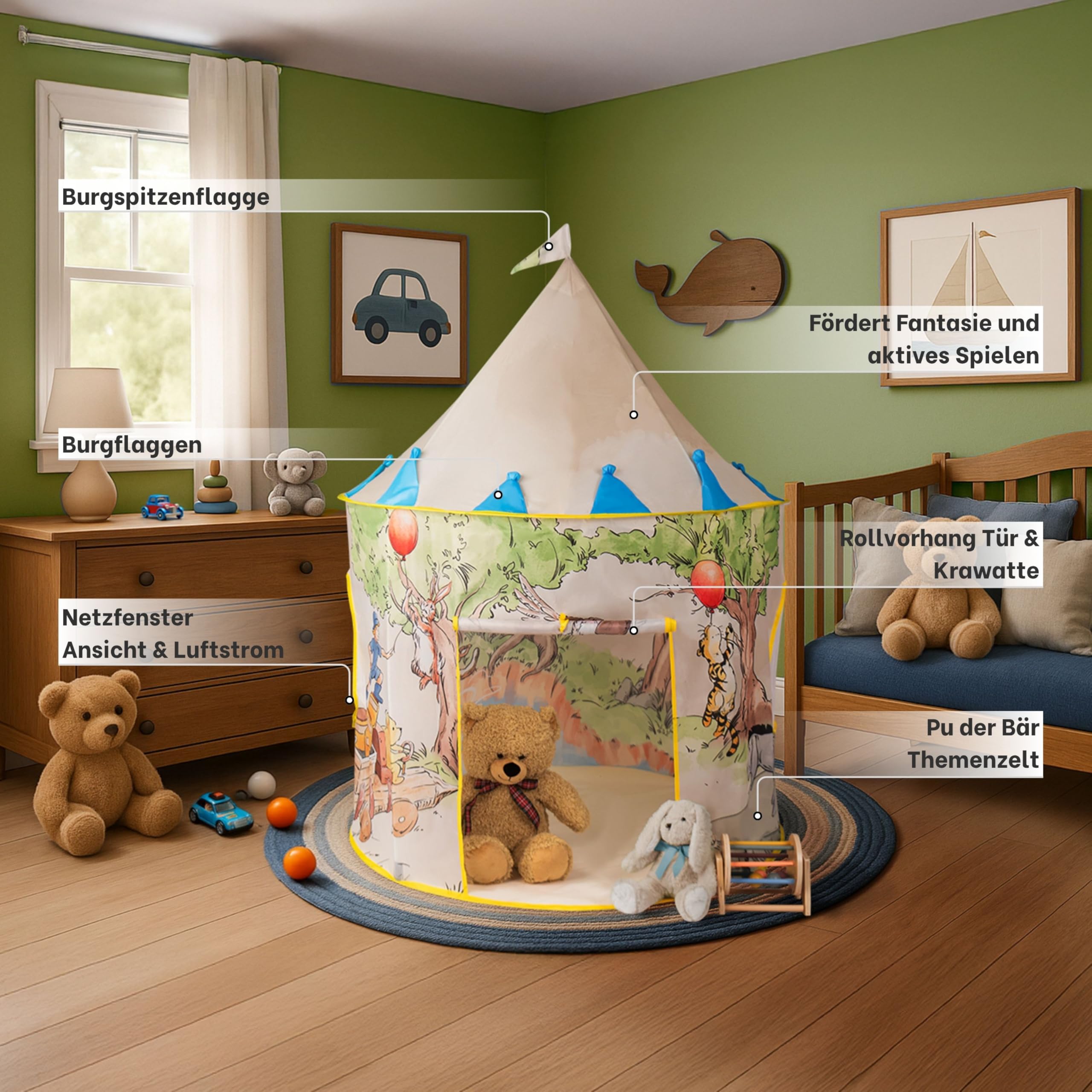 Winnie The Pooh Tent | Pop Up Tent for Kids | Artist Hand-Drawn Winnie The Pooh Kids Indoor & Outdoor Play House | 135 x 100 cm