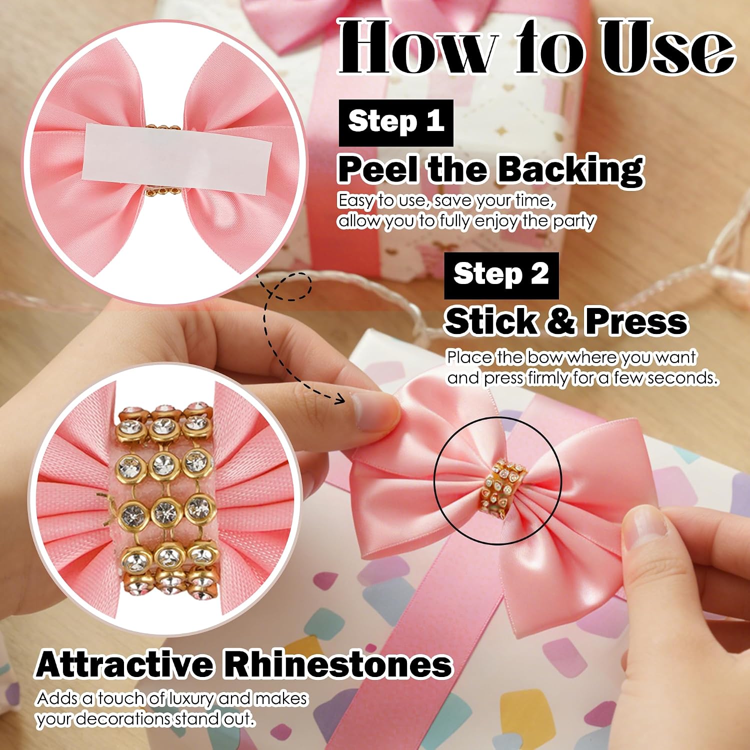 3.5 Inch Self Adhesive Pink Gift Bows with Rhinestone 12 Counts image 3