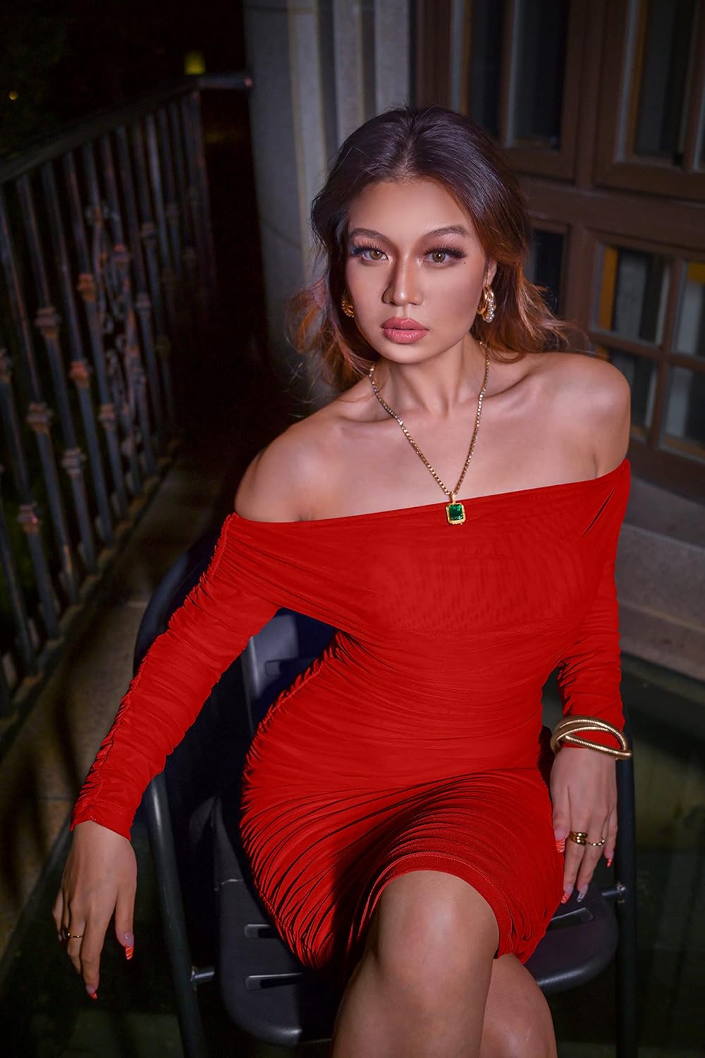 GOKATOSAU Women's Sexy Elegant Ruffle Long Sleeve Off Shoulder Ruched Party Mini Dress - Image 7