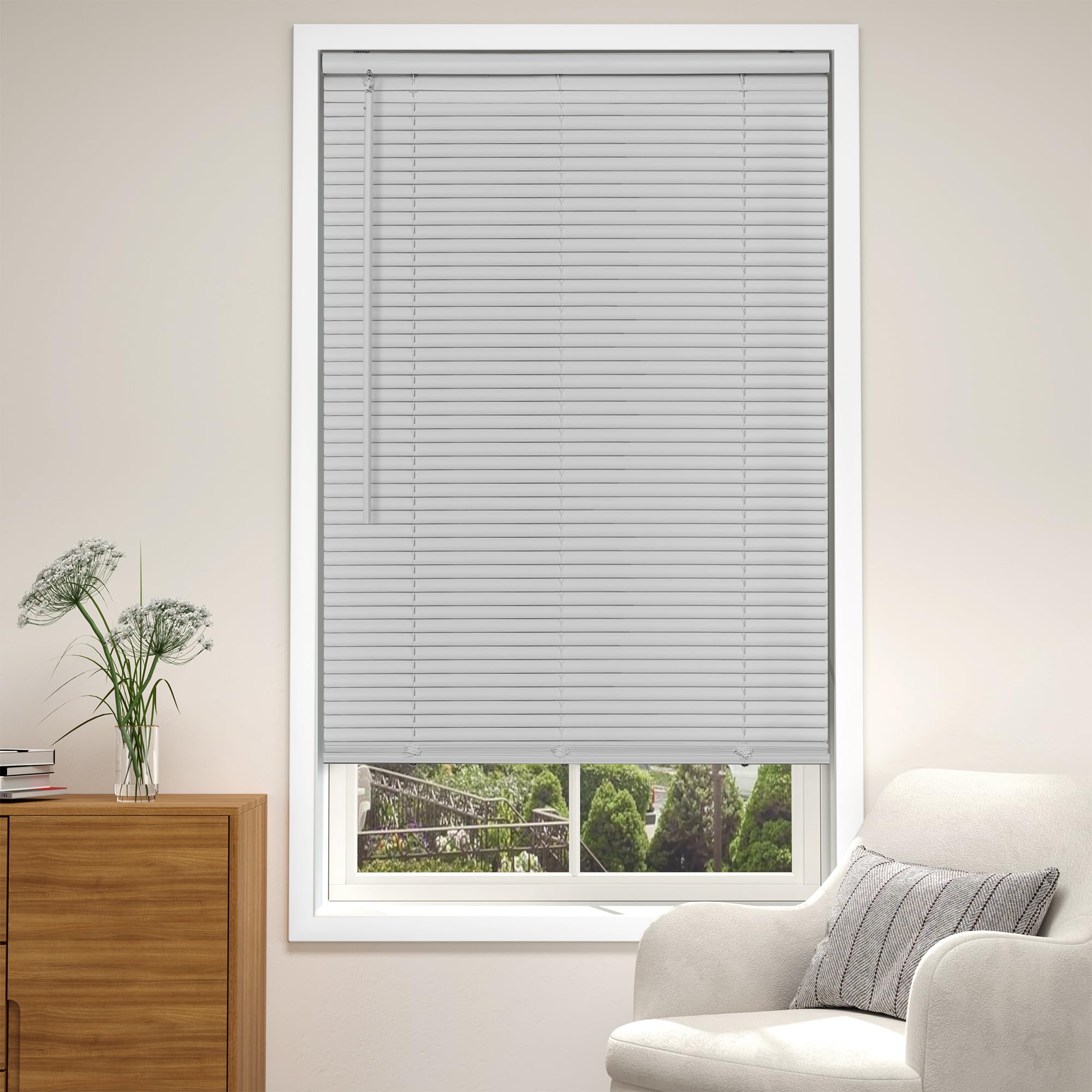 lazblinds cordless grey 1” light filtering vinyl mini blinds, 27" w x 64" h horizontal window blinds for home, cordless shades for indoor windows