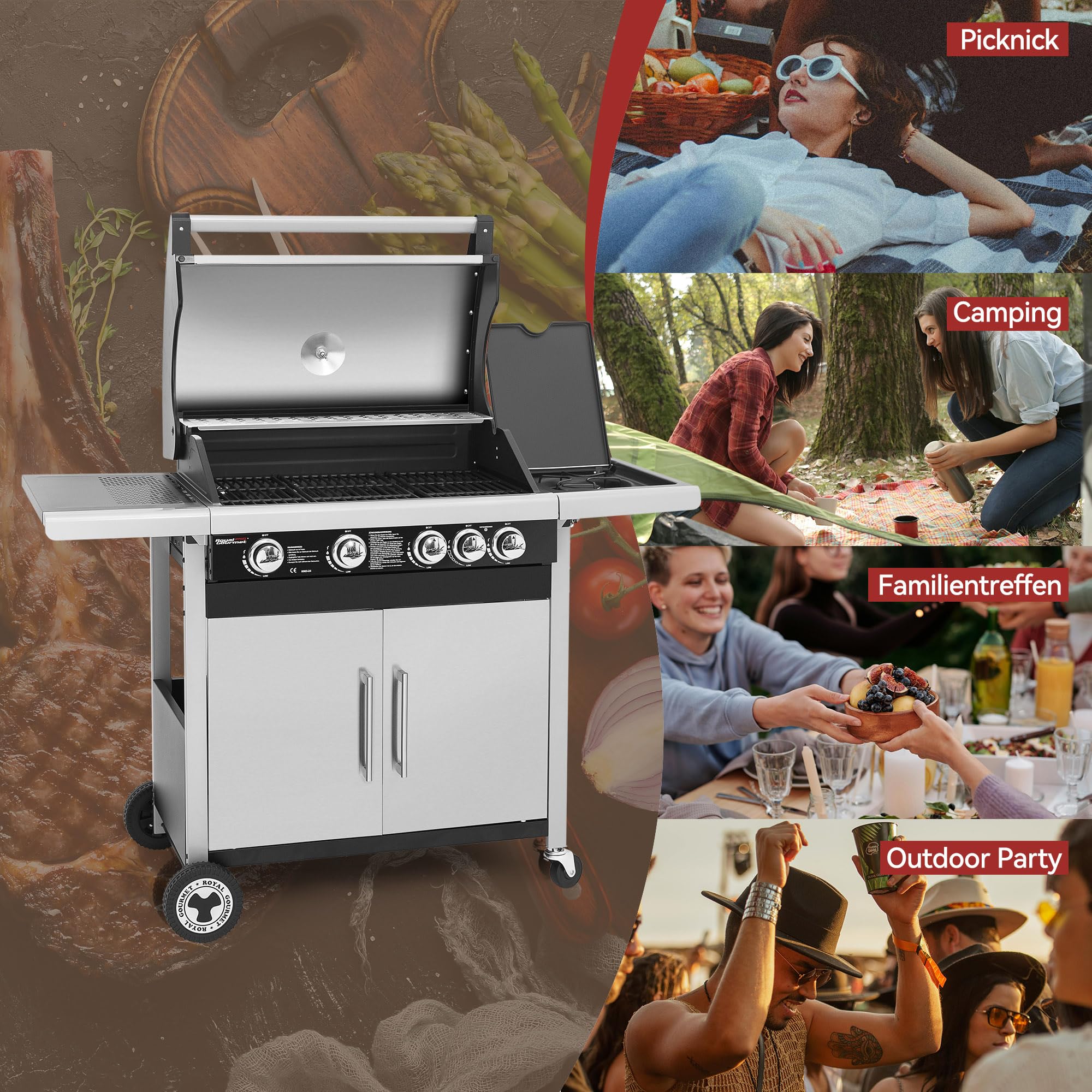 Royal Gourmet 4+1 Brenner Gasgrill Grillwagen mit Unterschrank, Edelstahlbrenner mit 14,5 kW und automatischer Zündung Campinggrill mit Seitenbrenner Silber