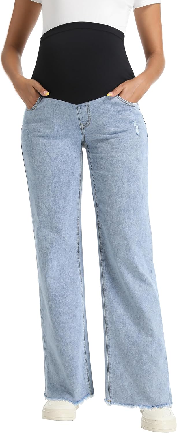 Foucome Women's Maternity Jeans Straight Leg Relaxed Fit Comfy Stretchy Trendy Pregnancy Denim Pants - Image 4