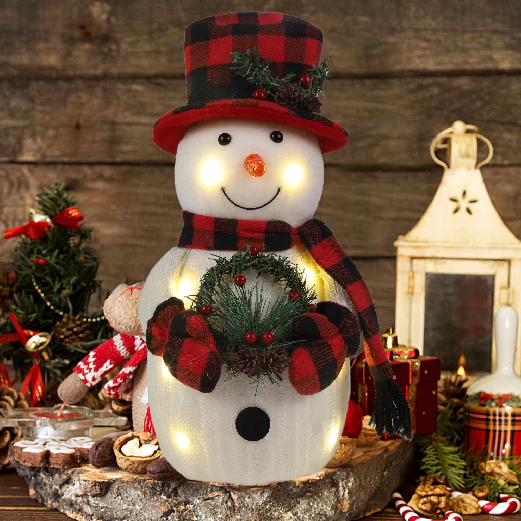 Christmas Lighted Snowman, 12" Snowman with Wreath Christmas Table Decorations, Red Black Plaid Snowman Xmas Decor for Home Kitchen Holiday Party