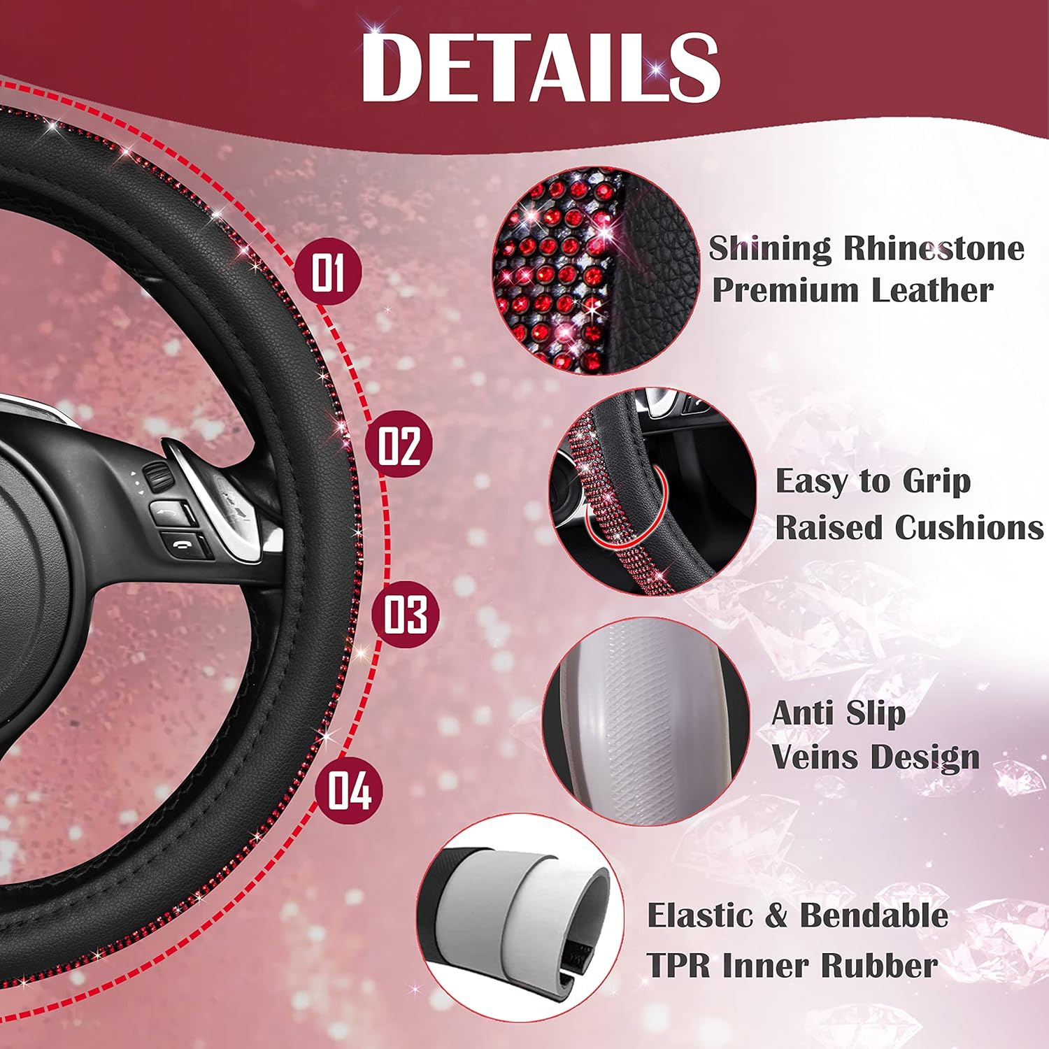 CAR PASS Red Diamond Black Leather Steering Wheel Cover, with Bling Crystal Rhinestones Universal Fit 14" 1/2-15" Crystal Glitter for Women Sparkle Girl Fit Suvs,Vans,Sedans,Cars,Trucks, Red Diamond - Image 5