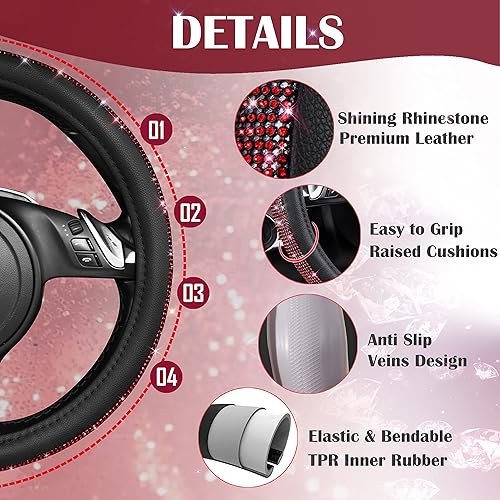Miniatura 144 de CAR PASS - Funda de volante para mujer, de cuero, con diamantes brillantes de imitación, ajuste universal 14.5-15”, para automóvil, sedán, Diamante