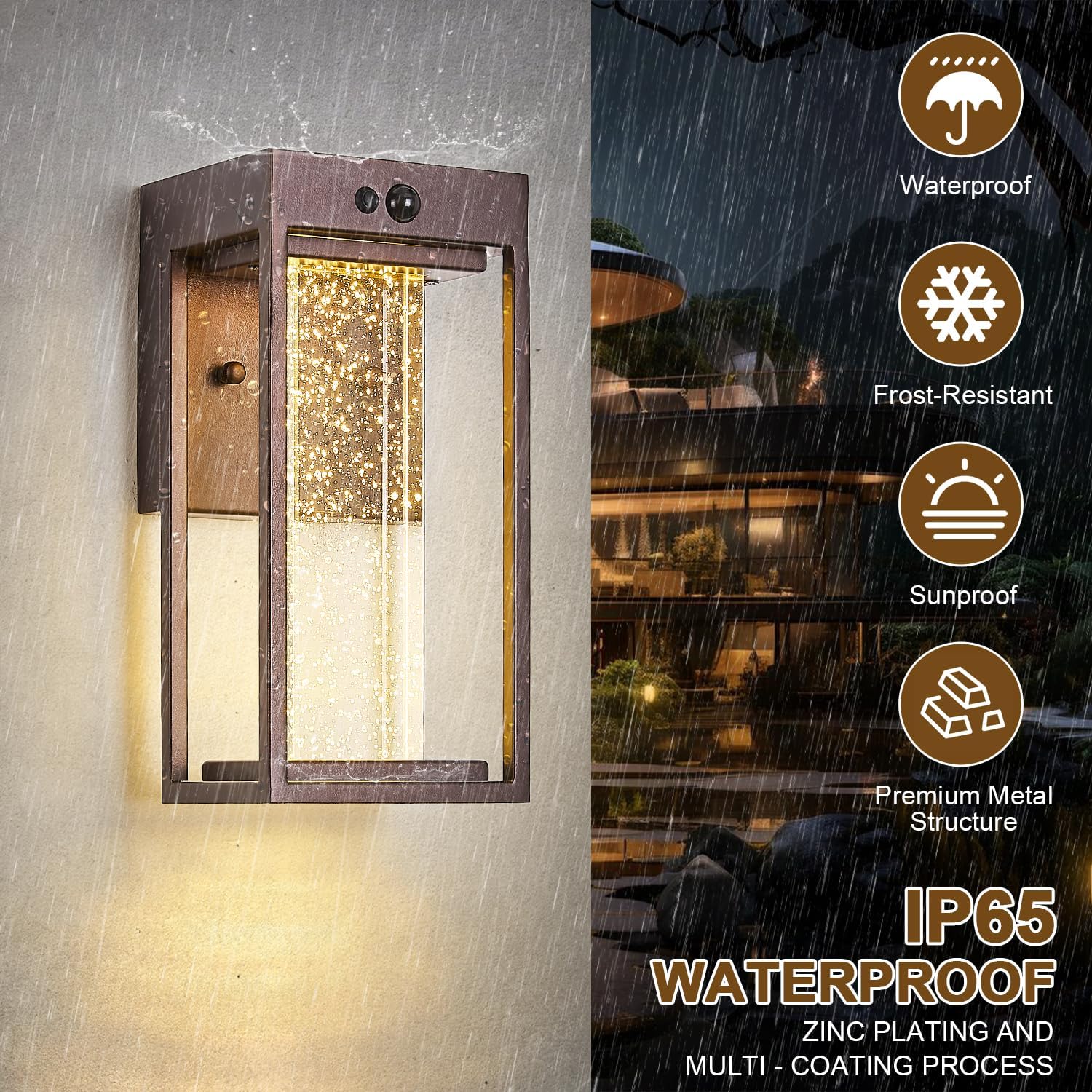 2Pk Oil Rubbed Bronze Solar Outdoor Sconces with 3 Modes Motion Sensor Crystal Exterior Light Fixtures with 4500K 250LM LED Outside Lights for House Waterproof Dusk to Dawn Solar Porch Lights