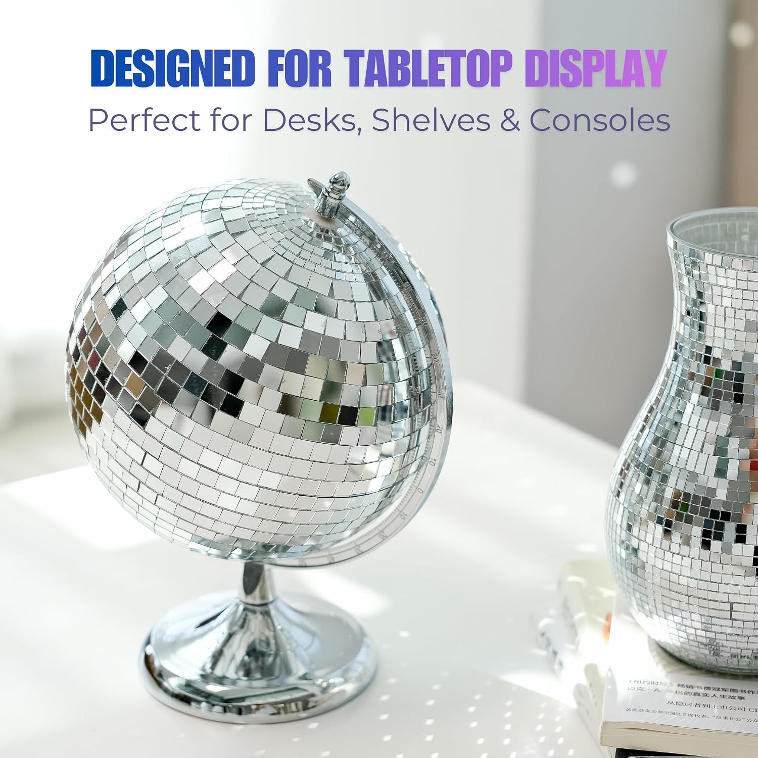 Disco Ball Globe Tabletop Decor – 8 Inch Large Mirror Disco Sphere Sculpture with Metal Base, Retro Modern Decorative Accent for Home, Living Room, Office & Party Spaces
