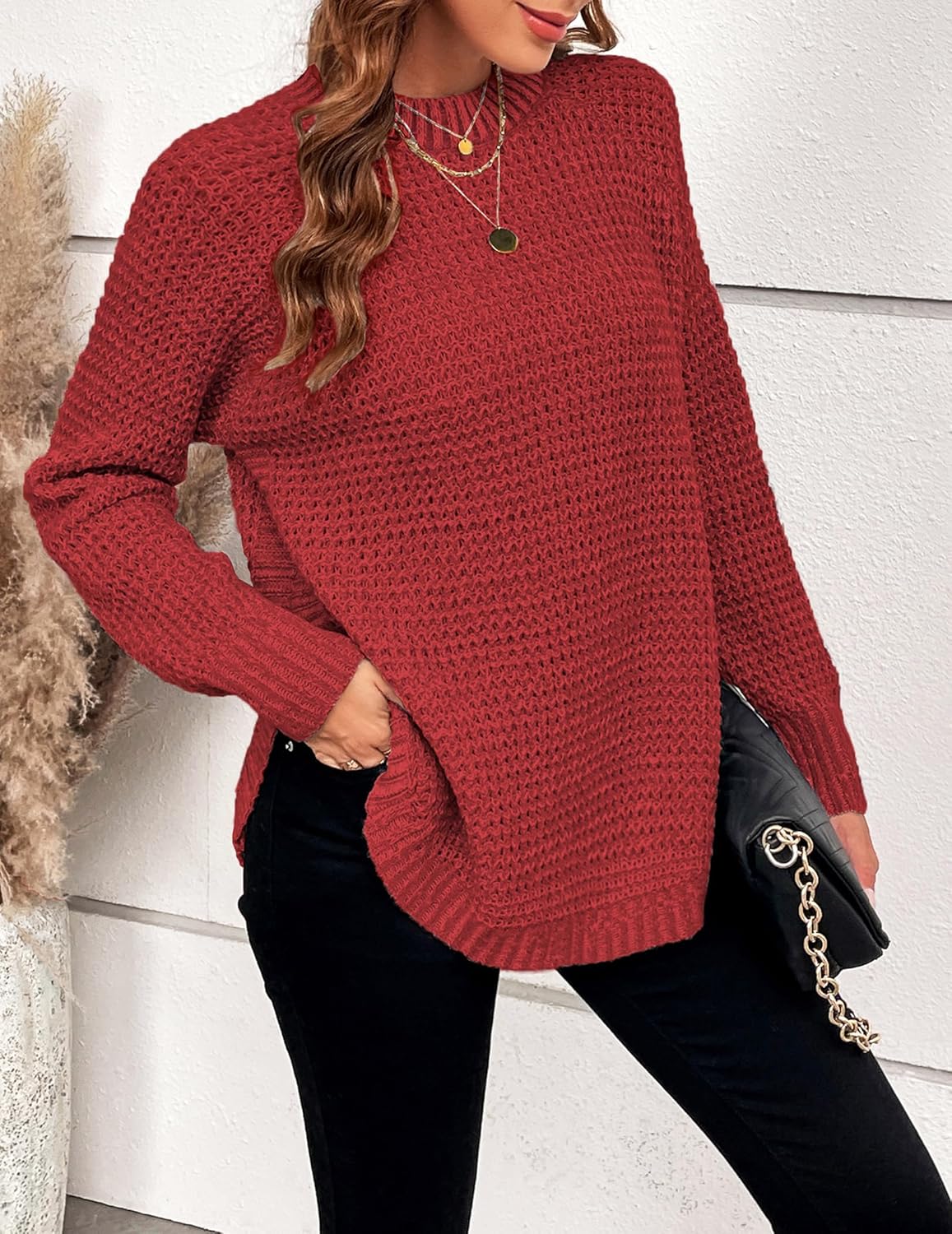Womens Chunky Waffle Knit Sweater Fall 2025 Trendy Dressy Casual Crewneck Pullover Sweaters - Image 2