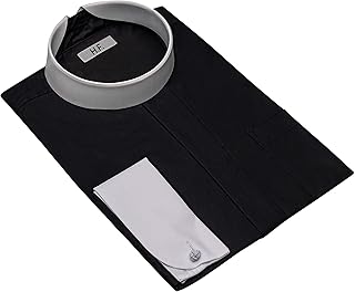 HFM Men's Clergy Shirt with Full Neckband Collar Long Sleeves (17 1/2 (34-35), Black with White Cuffs)