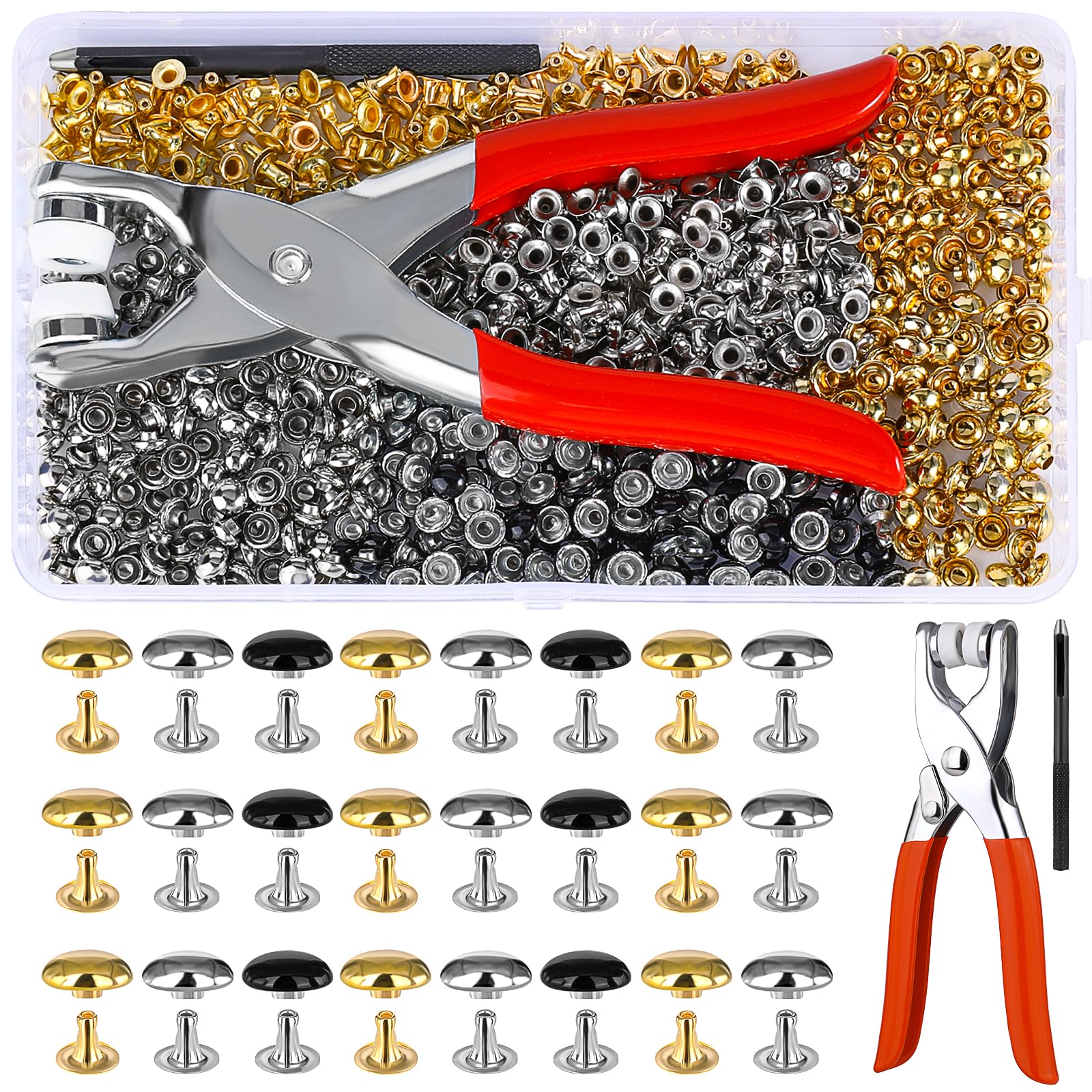 180 Sets Leather Rivets, 7mm Double Round Cap Leather Rivets, 3 Colors Caps Leather Rivets, Metal Studs with Fixing Tools for Leather Craft Repairs Decoration