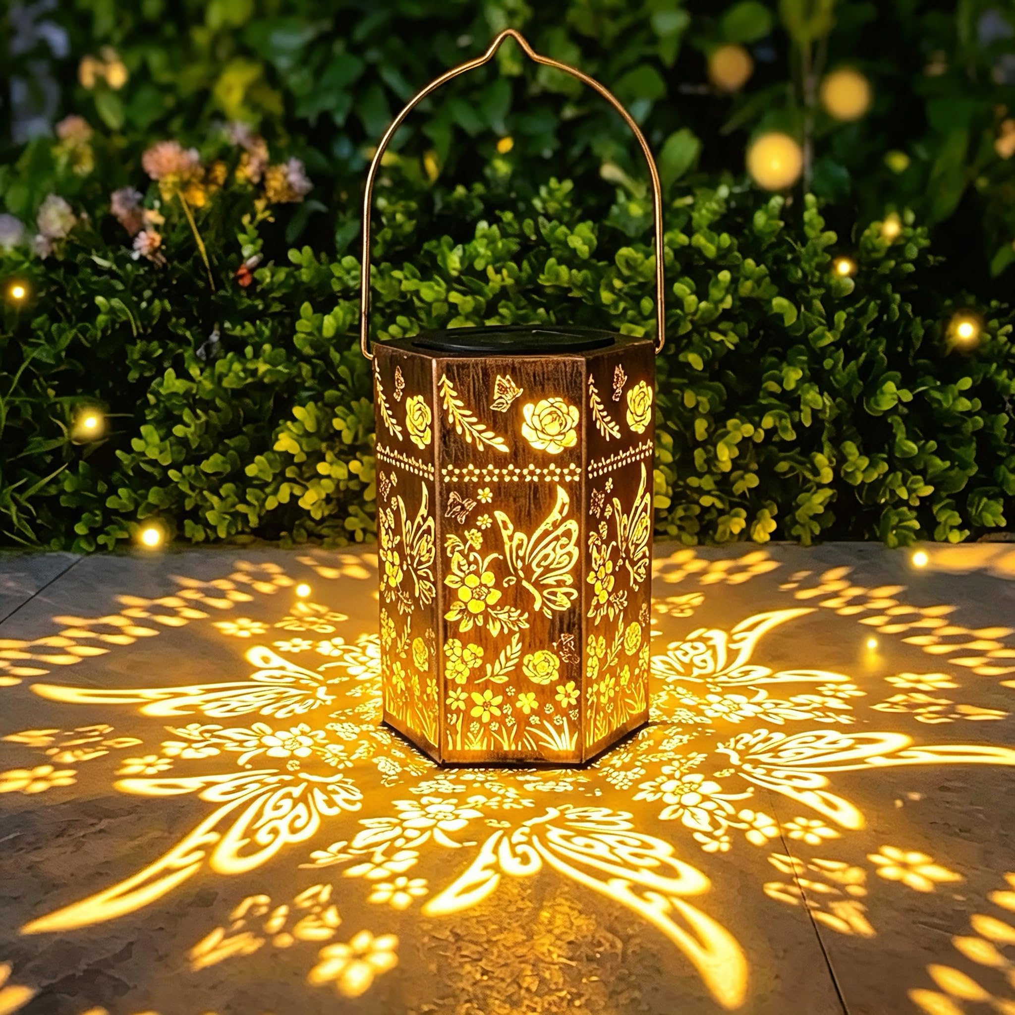 Birthday Gifts for Women Mum, Butterfly Solar Lantern Garden Ornaments Outdoor, IP65 Waterproof Metal Hexagon Lantern with Bottom Projection, Auto On/Off, Hanging Lantern for Table Patio Balcony