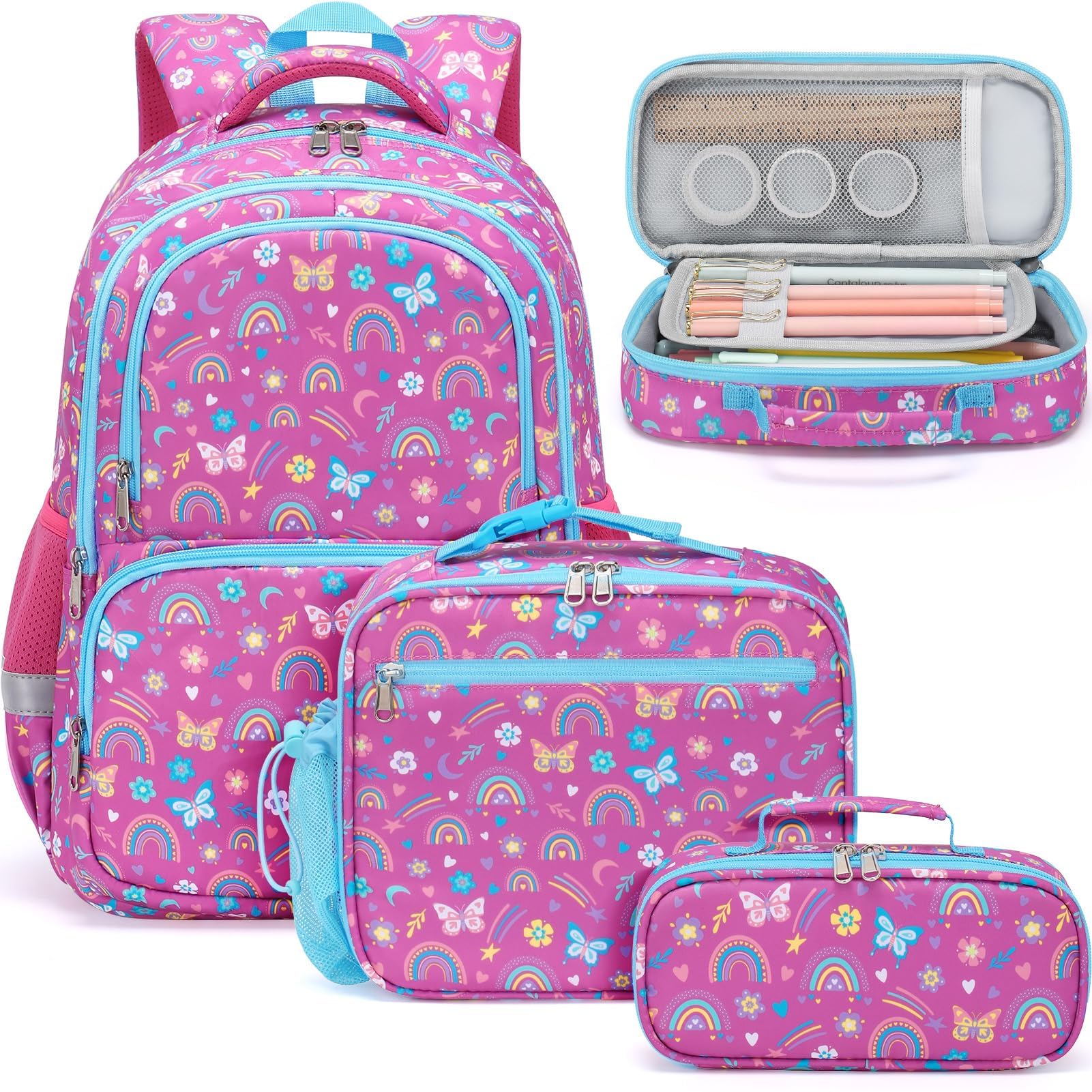 Fimibuke Kid Backpack for School Girl, 3PCS Waterproof Toddler School Bag Cute Bookbag Set with Lunch Box & Pencil Case for Preschool Kindergarten