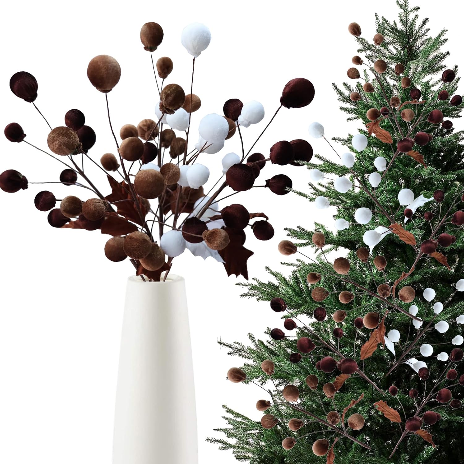 5 PCS Christmas Picks 21.65”Velvet Christmas Ball Ornaments 60 Heads Neutral Flocked Ornaments for XmasTree Party Holiday Decorations (Brown&White)
