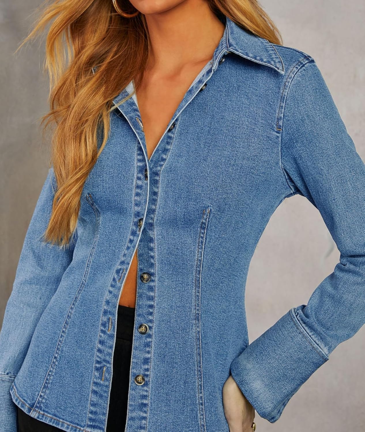 Denim Shirt Tops for Women Button Down Slim Fitted Long Sleeve V Neck Lightweight Jean Jackets - Image 5