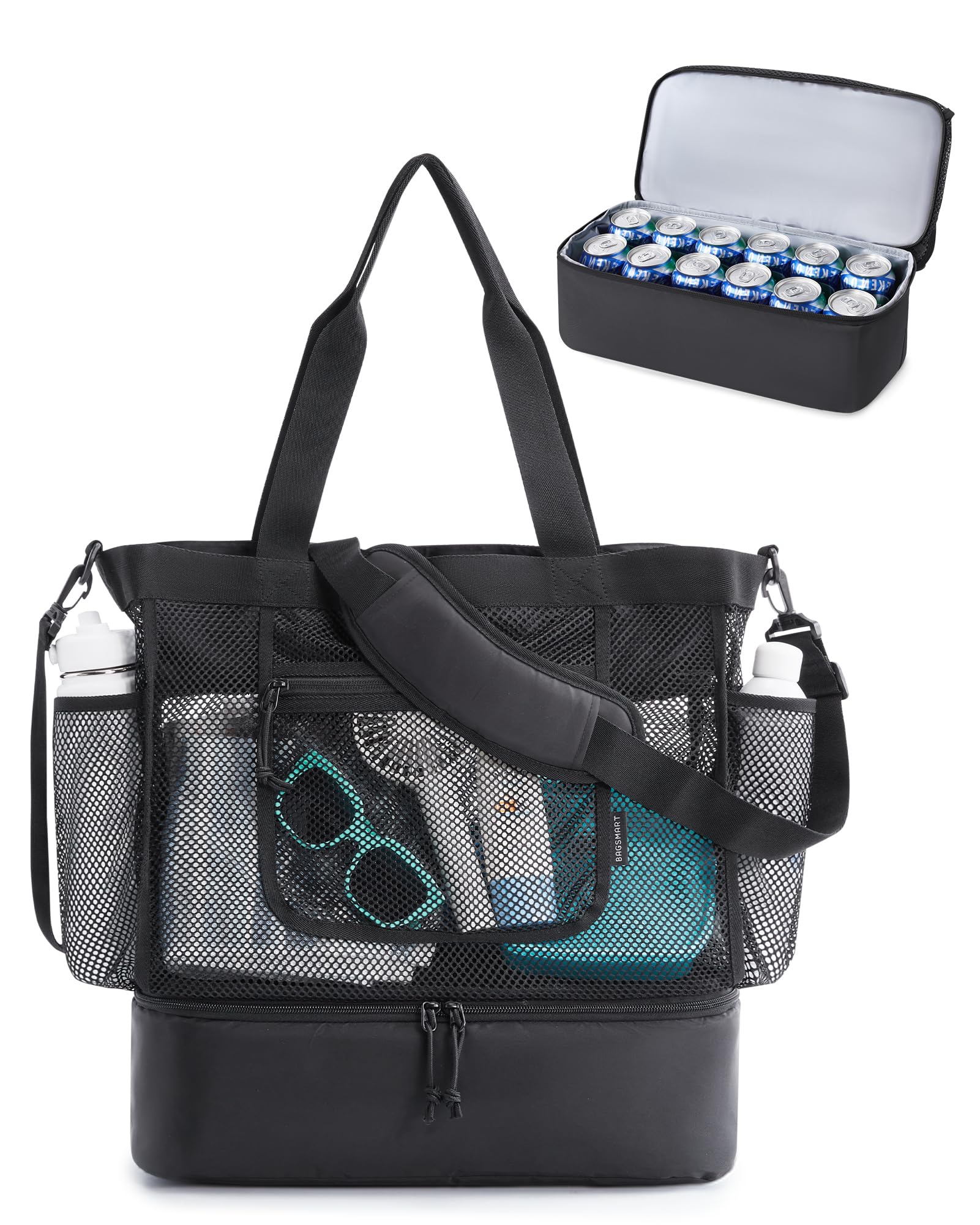BAGSMART Beach Bag for Women, Mesh Tote Bags with Zipper, Sandproof Vacation Essentials with Cooler for Swim Cruise Pool