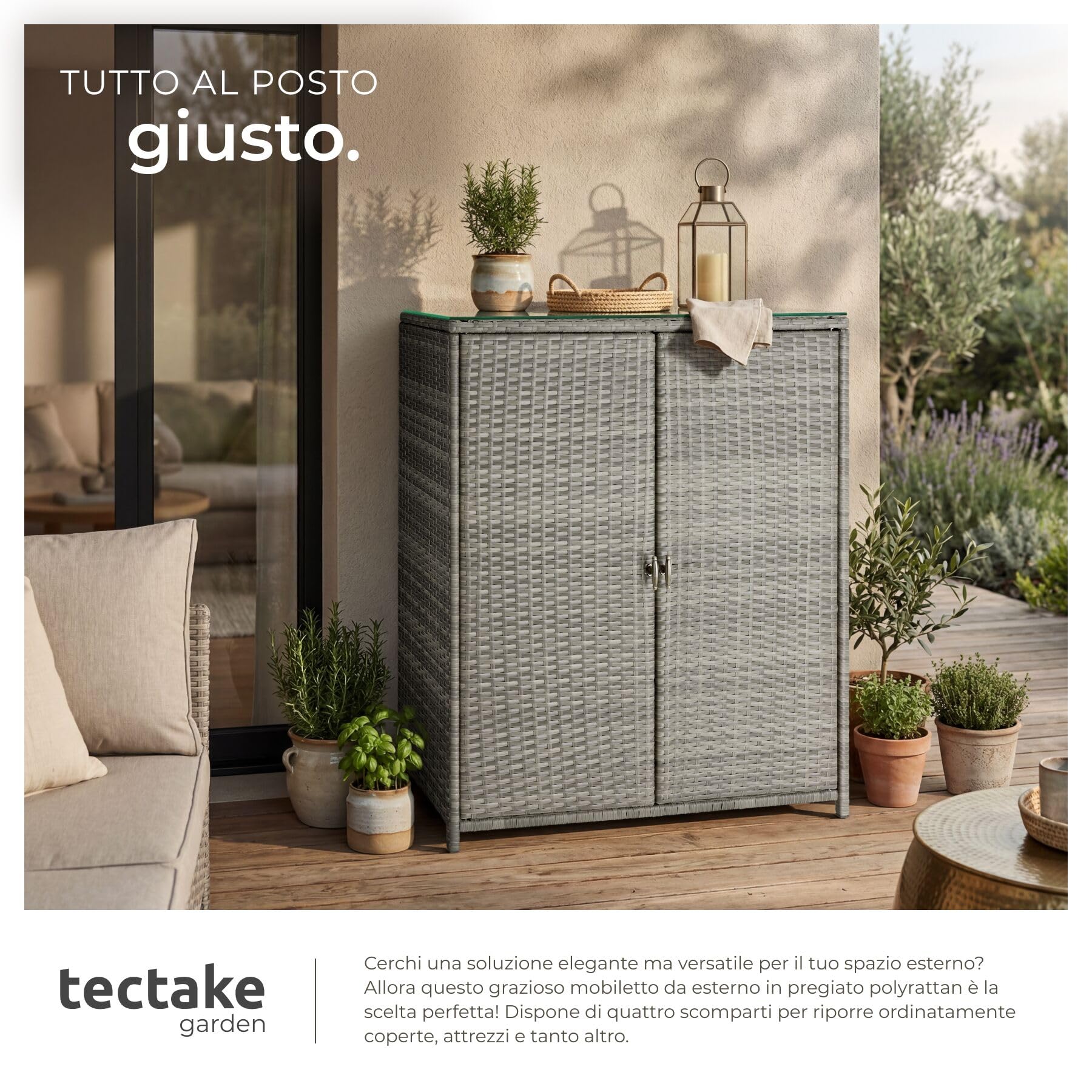 Tectake Armadio da Giardino in Rattan 84x40x103 cm 4 Scomparti Grigio
