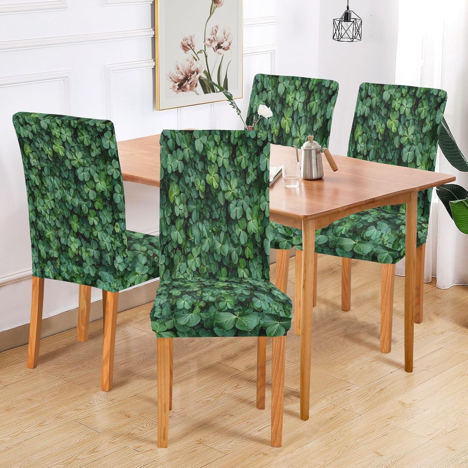 ALAZA Chair Covers for Dining Room, Green Shamrock Natural Background Stretch Chair Cover Sets Chair Protector Removable Washable for Ktichen Restaurant Hotel