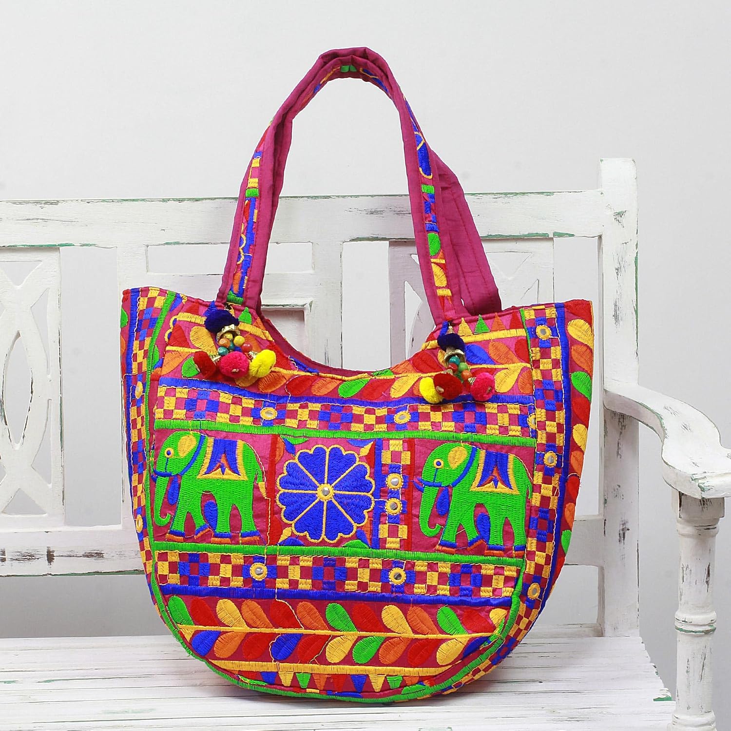 NOVICA Artisan Hand Embroidered Tote Handbag Multicolored from India Handbags Floral Bollywood Elephant ' Elephant Flower in Fuchsia'