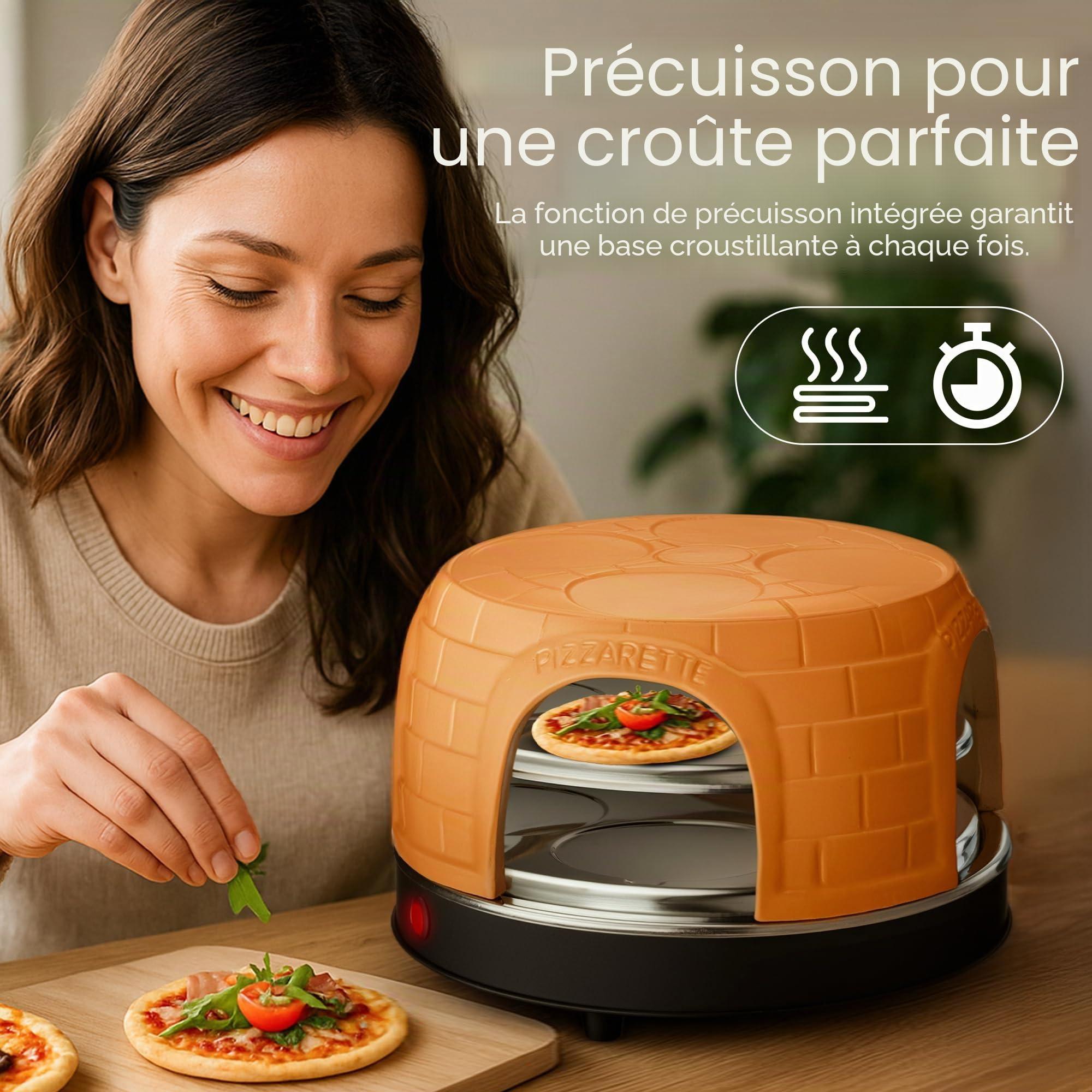Emerio PO-116124.1 Four à pizza, couvercle en terre cuite, fait à la main, design breveté, pour mini pizza, véritable plaisir en famille pour 8 personnes