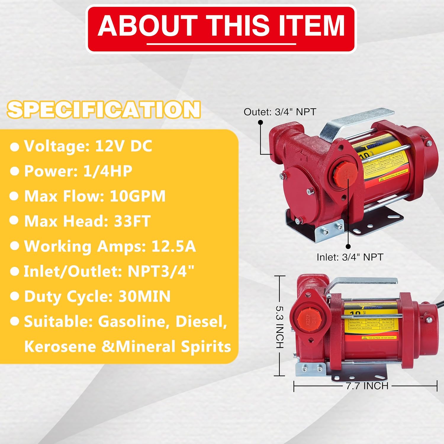 12V DC 10GPM Self-priming Gasoline Diesel Oil Fuel Transfer Pump Kit with Discharge Hose & Nozzle…