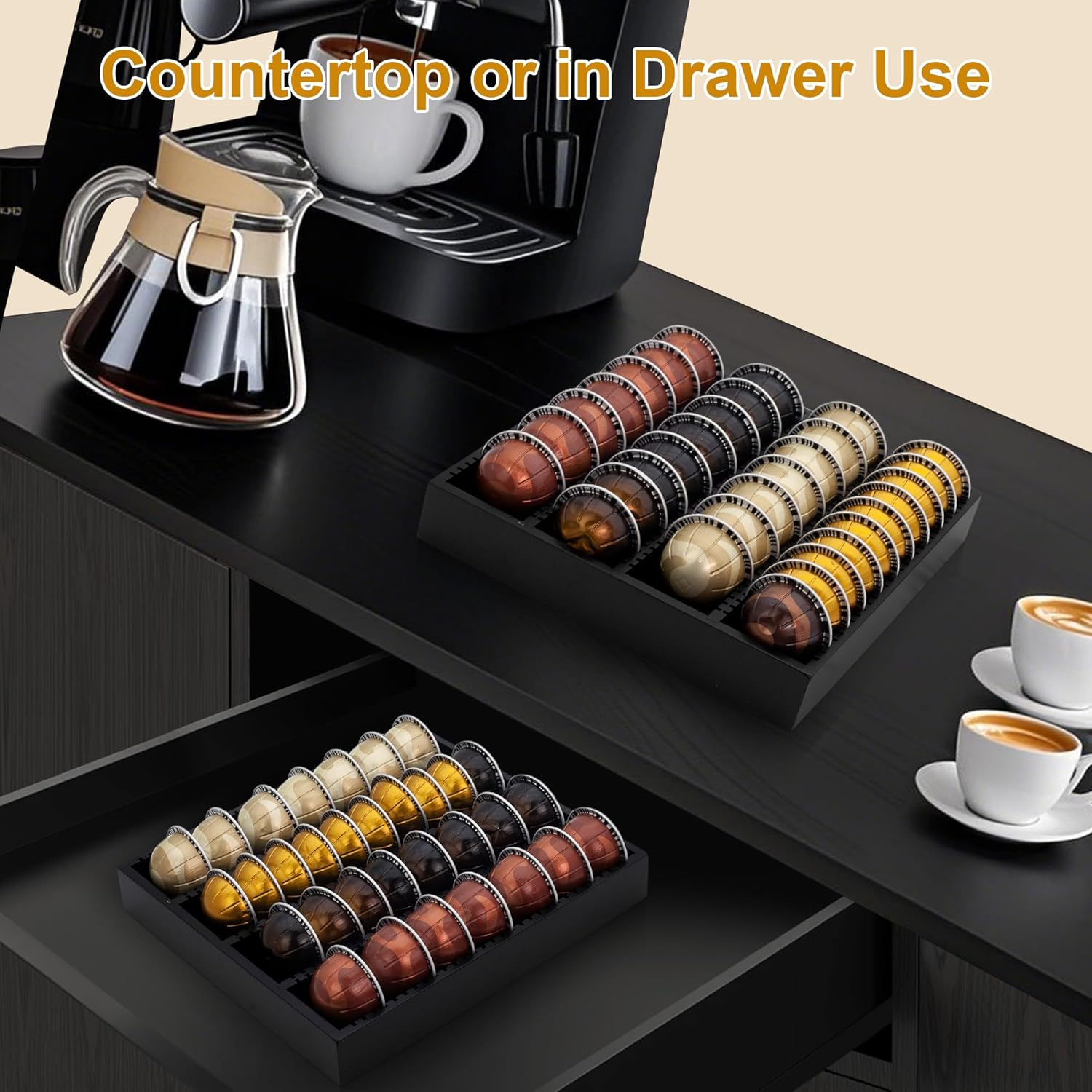 MinBoo Bamboo Coffee Capsule Storage Drawer Tray, Bamboo Drawer Insert Organizer Holds Coffee Pods, Compatible with Vertuoline Capsules, Suitable for Kitchen, Home, Office,Black