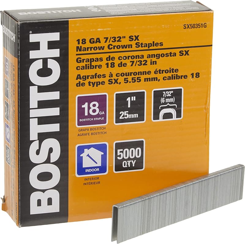 BOSTITCH Crown Staples, Narrow, 1 x 7/32-Inch, 18GA, 5000-Pack (SX50351G)