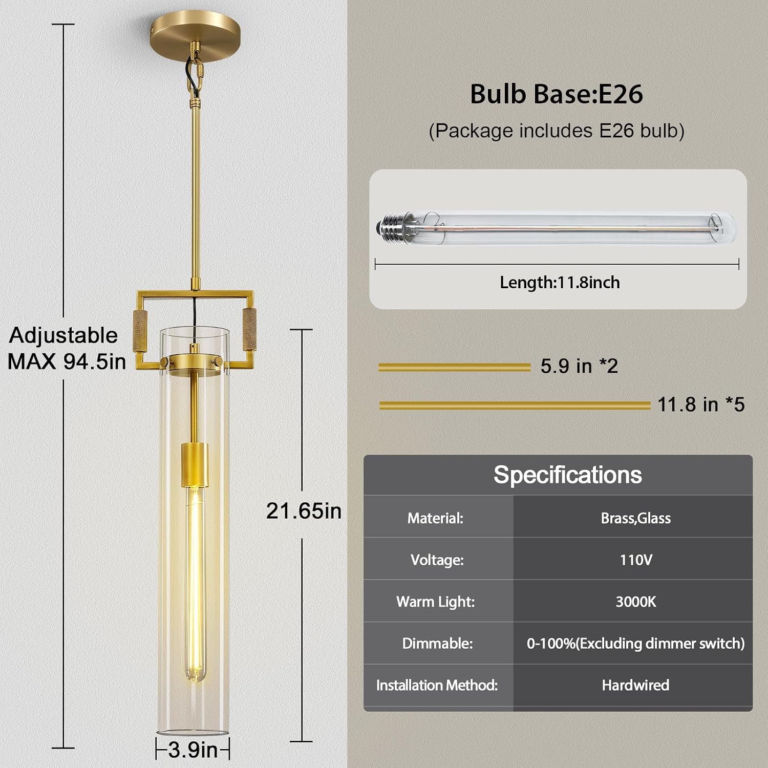 Modern Gold Pendant Light, Pendant Lights Kitchen Island Large, Adjustable Height Brass Pendant Light Glass Pendant Light Fixtures, for Dinning Room Farmhouse Bedroom Bathroom