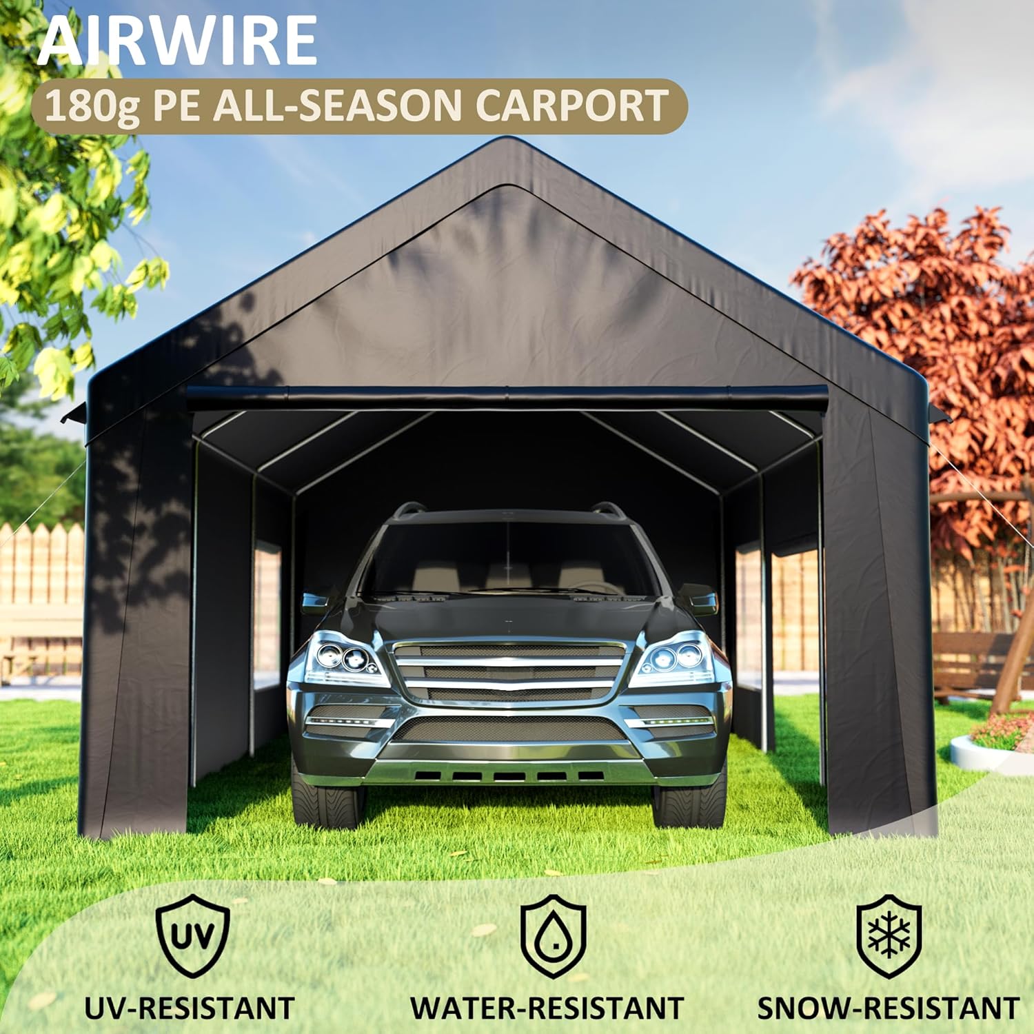 AirWire carport with a dark SUV inside, showing icons for UV-resistant, water-resistant, and snow-resistant features.
