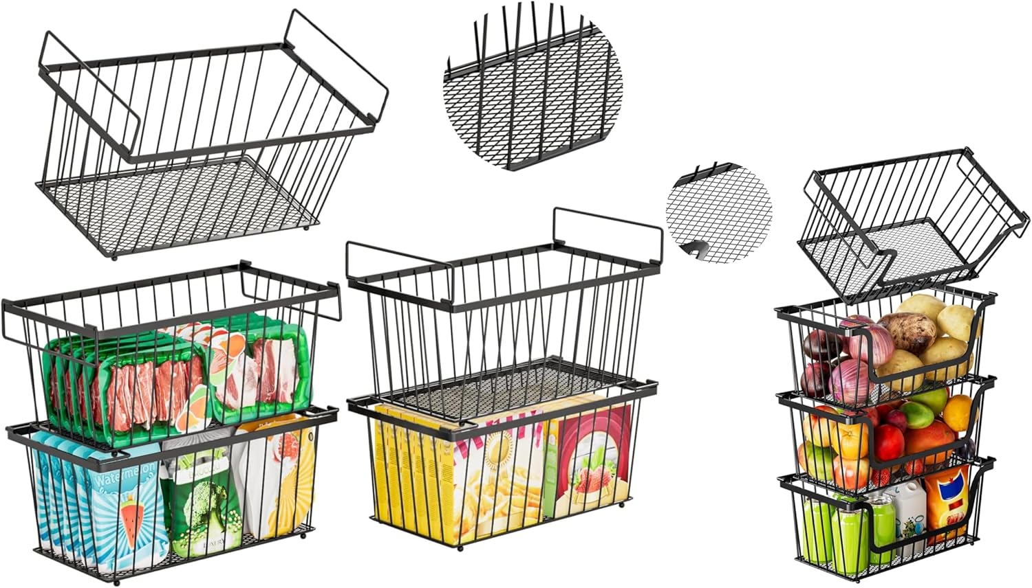 5 Pack Stackable Deep Freezer Organizer Bins and 4PCS-U-Shaped Stackable Wire Baskets, Suitable for Storage Shelves, Garage Shelving, Kitchen Storage, and Potato and Onion Storage Bins