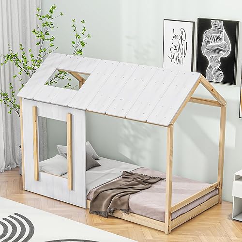 Miniatura 4 de Cama individual para niños, cama Montessori con techo y ventana, marco de madera con estilo cabaña de diseño rústico, casa de juegos para niñas,