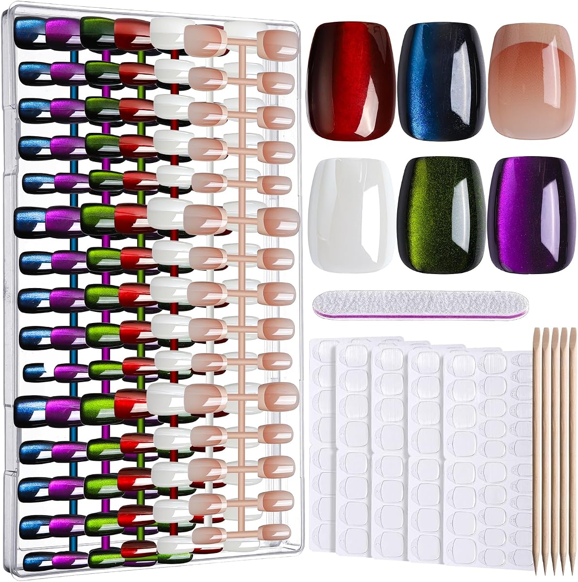 FANDAMEI Press On Nails, 6 Colors Cat Eye Press On Nails Short, Natural Fake Nails Glossy French Tip, Cat Eye Nails for Women Salon Quality, Christmas Iridescent Press on Nails Kit