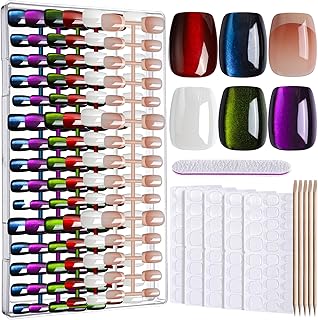 FANDAMEI Press On Nails, 6 Colors Cat Eye Press On Nails Short, Natural Fake Nails Glossy French Tip, Cat Eye Nails for Women Salon Quality, Christmas Iridescent Press on Nails Kit
